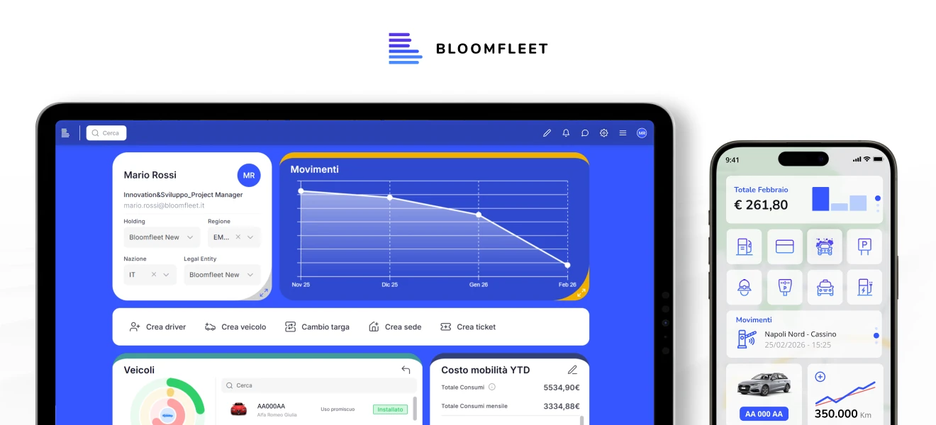 Bloomoove: dashboard web di fleet management su tablet e app Bloomfleet per i driver